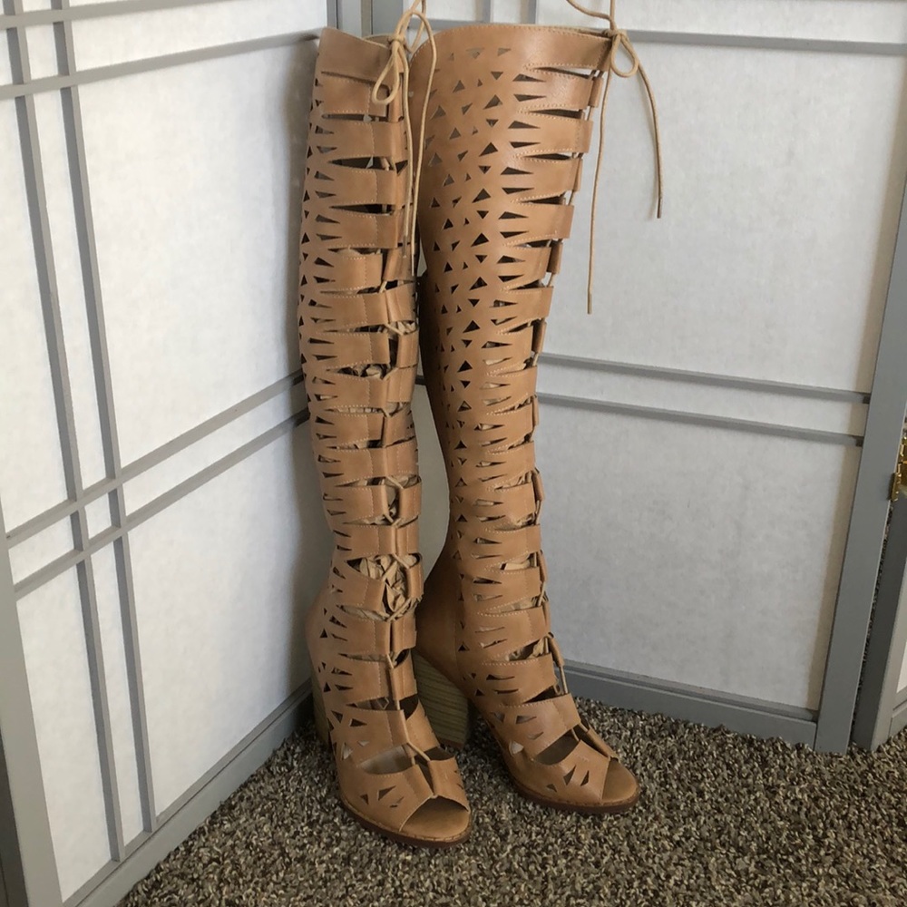 Knee length cutout tan boot